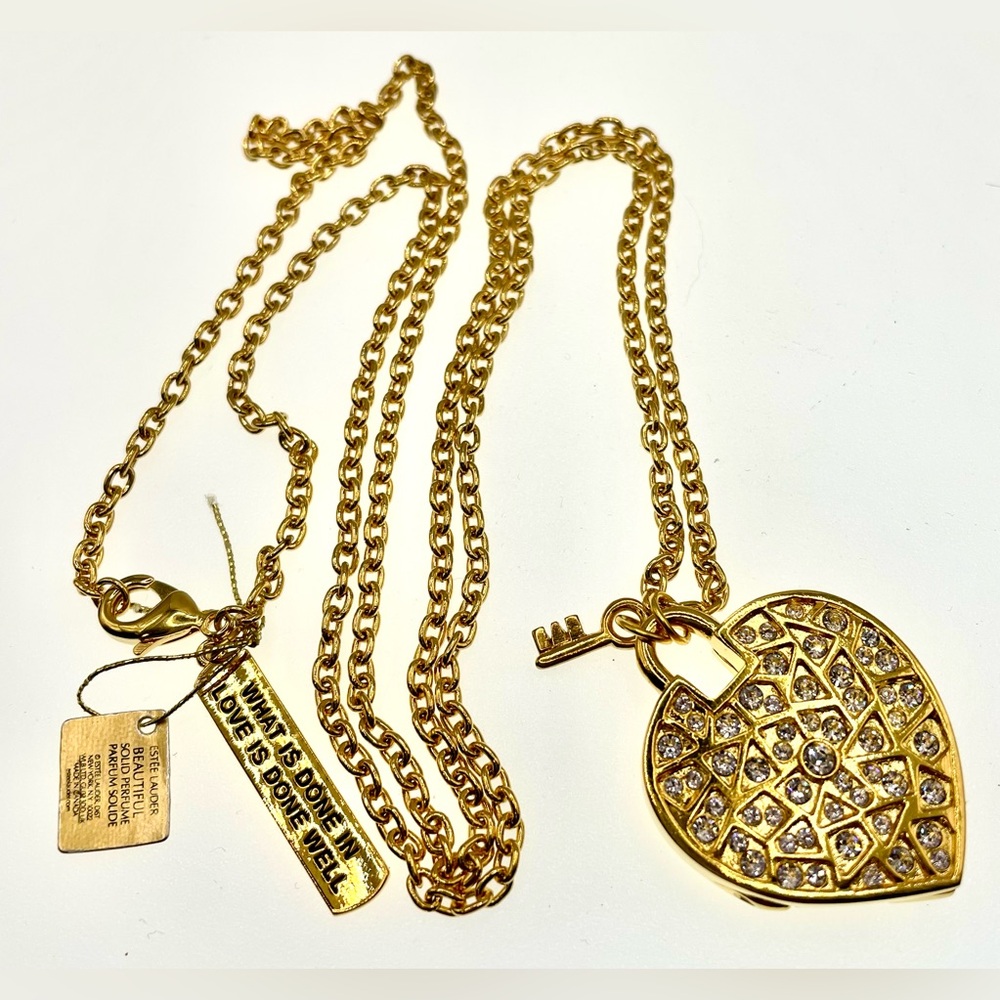 Estée Lauder 2017 Gold Tone Solid Perfume Love Locket Pendant Necklace Crystals